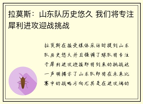 拉莫斯:山东队历史悠久 我们将专注犀利进攻迎战挑战