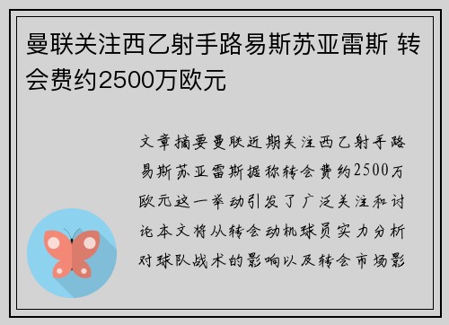 曼联关注西乙射手路易斯苏亚雷斯 转会费约2500万欧元