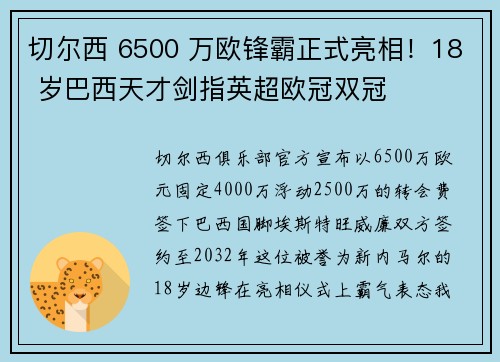 切尔西 6500 万欧锋霸正式亮相!18 岁巴西天才剑指英超欧冠双冠