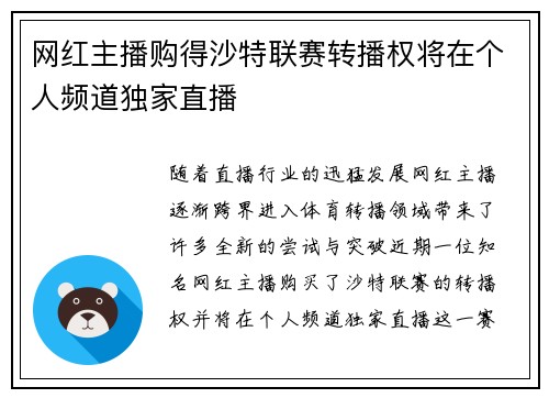 网红主播购得沙特联赛转播权将在个人频道独家直播