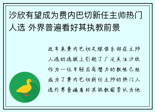 沙欣有望成为费内巴切新任主帅热门人选 外界普遍看好其执教前景